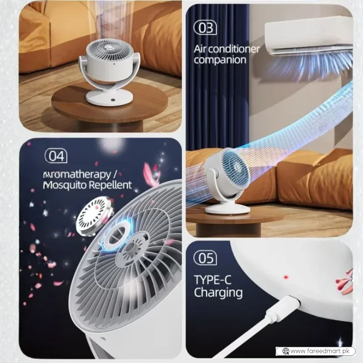 Oscillating Desktop Circulating Fan FT-905 | Rechargeable Mini Table Fan with LED Display & 3 Speeds