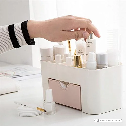 Plastic Makeup Organizer with Drawer | Desktop Cosmetics & Makeup Brush Storage Box | Office & Stationery Organizer