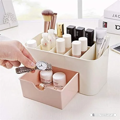 Plastic Makeup Organizer with Drawer | Desktop Cosmetics & Makeup Brush Storage Box | Office & Stationery Organizer