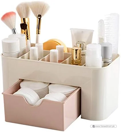 Plastic Makeup Organizer with Drawer | Desktop Cosmetics & Makeup Brush Storage Box | Office & Stationery Organizer