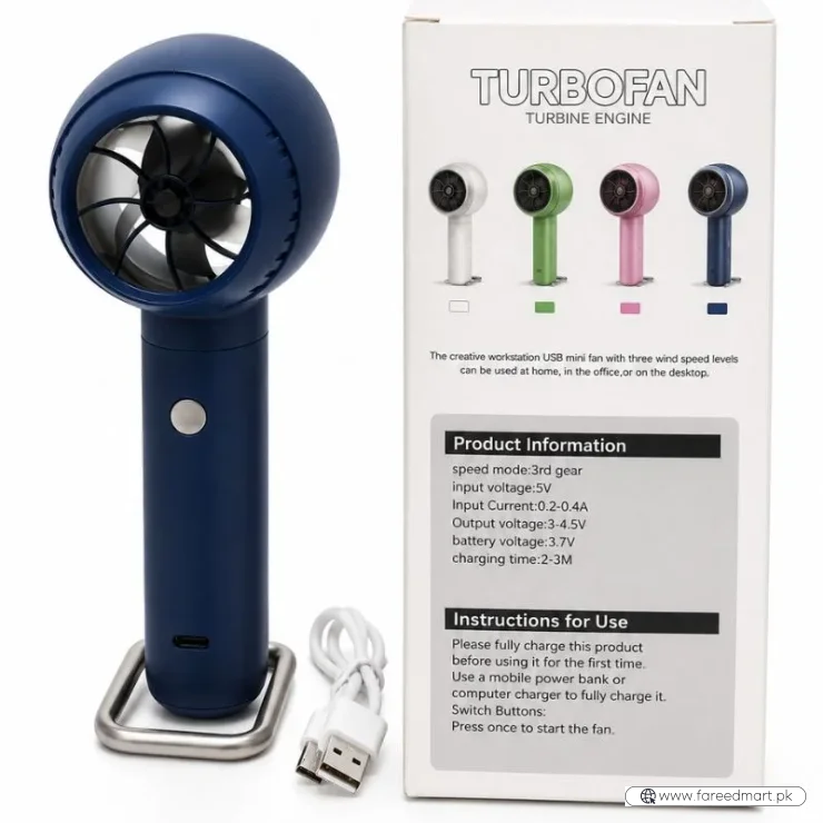 TurboFan Rechargeable Mini Cooling Fan | Portable Handheld USB Turbo Fan with 3 Speed Modes | Random color