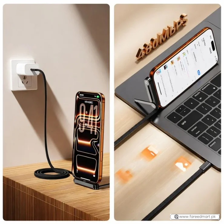 USB-C Fast Charging Cable with Foldable Phone Stand | 2-in-1 Braided Data Cable for iPhone, Samsung & Type-C Devices | 240W