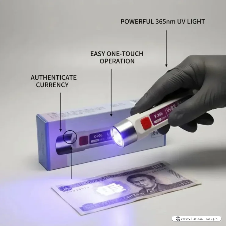 UV Currency Checker Rechargeable Light |  K-206 365nm | Portable UV Torch for Banknote Security Features, Fluorescent Detection & Inspection