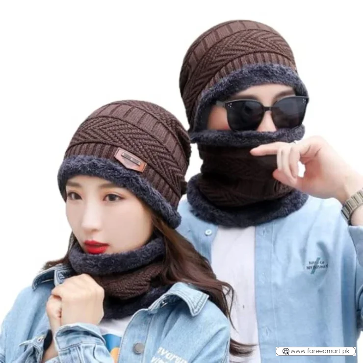 Winter Wool Cap with Neck Warmer Set | Thermal Beanie & Scarf Combo for Men and Women | Brown And Gray