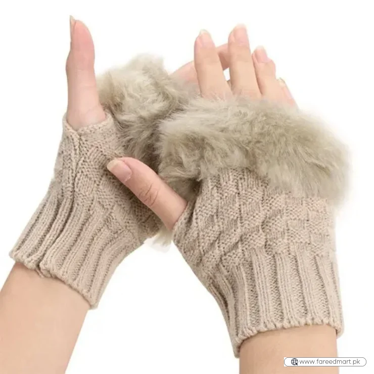 Women’s Faux Fur Fingerless Knitted Gloves | Warm Winter Hand Wrist Warmers | Soft, Stylish & Comfortable | Beige