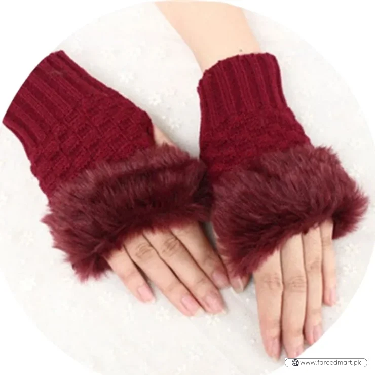 Women’s Faux Fur Fingerless Knitted Gloves | Warm Winter Hand Wrist Warmers | Soft, Stylish & Comfortable | Maroon
